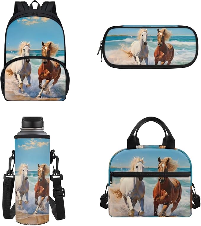 4 Pack Kids Backpack Running Horse Backpack Boys Horse Schoolbag Set with Insulated Lunch Box Pencil Case Water Bottle Holder Bag 17Inch Bookbag for Preschool,Elementary，Middle by Chririnla