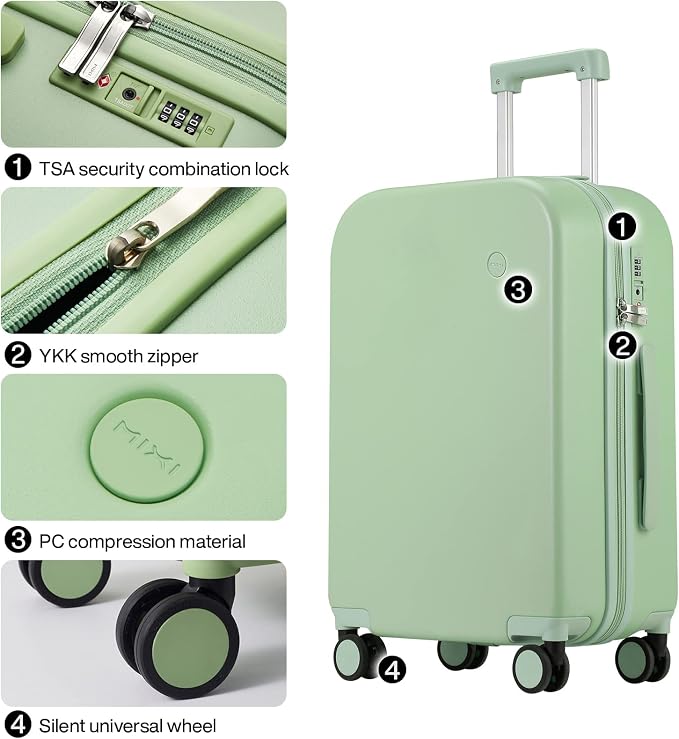 mixi Luggage Suitcase with Spinner Wheels, Hardside Rolling Suitcase PC with Cover & TSA Lock Lightweight Travel Case 24in Checked in, Avocado Green - Image 4