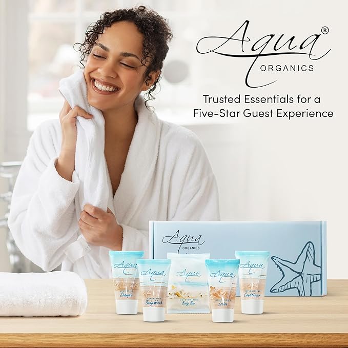 1-Shoppe Aqua Organics Amenity Kit | Boxed Hotel Toiletries Bulk Set | 1 oz Shampoo, Conditioner, Lotion, Body Wash & Bar Soap | 5 piece set