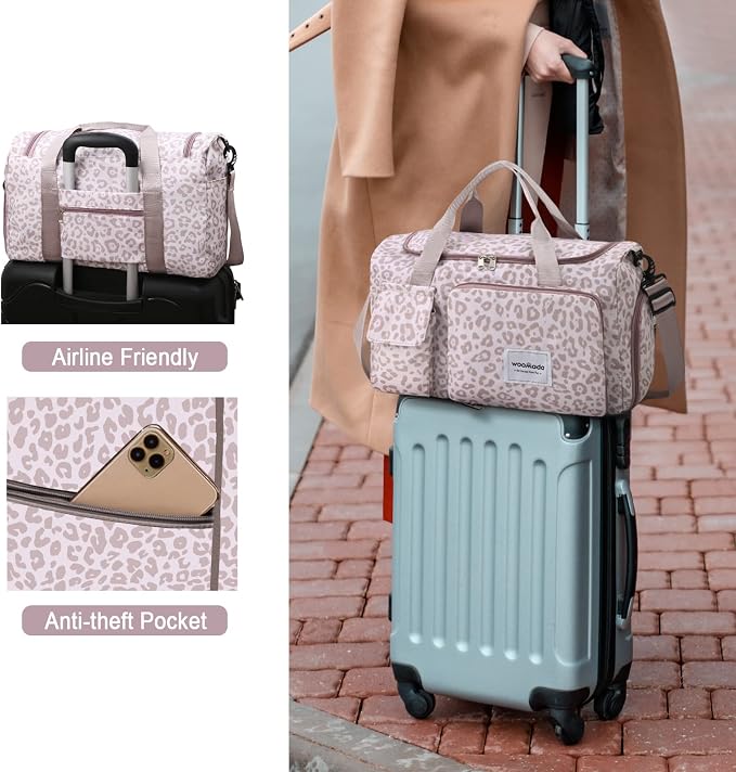 WOOMADA Foldable Travel Duffel Bag with Shoes Compartment, Overnight Bag with Wet Pocket & Trolley Sleeve, Weekender Bags for Women(A-pink leopard) - Image 6