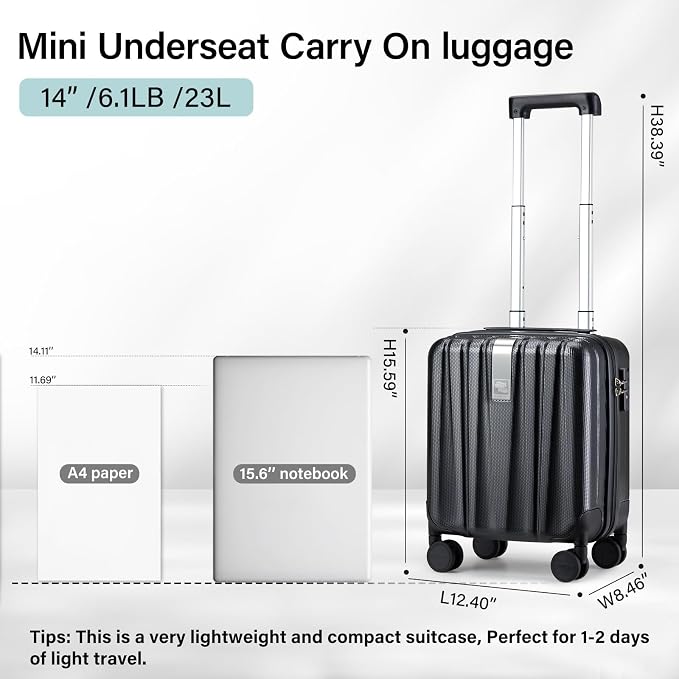 Hanke 14 Inch Underseat Carry On Luggage with Wheels Hard Shell Suitcases Carry On Bag Lightweight Small Mini Suitcase Tsa Luggage for Travel.（Jet Black） - Image 3