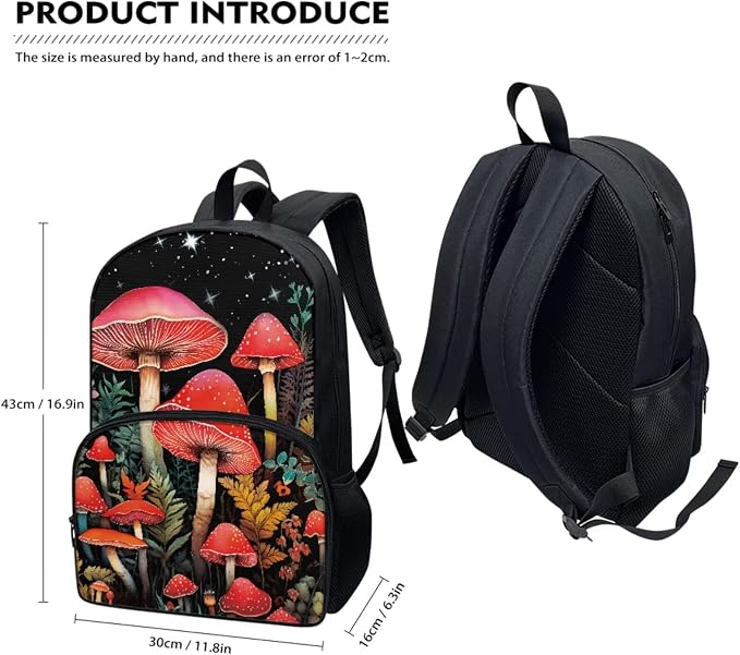 Cottagecore Mushroom Backpack 4 Pcs Cute Wild Flower Mushroom Schoolbag Set with Lunch Box Pencil Holder Case Water Bottle Carrier Bag Sling Bags for Boy Girl，Durable Causal Daypack - Image 2