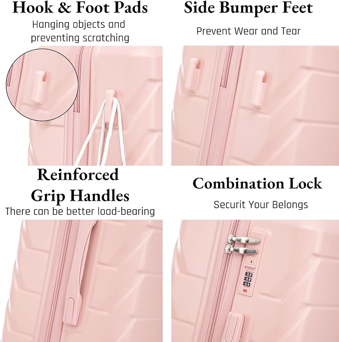 3-Piece ABS Spinner Luggage Set (20" 24" 28") with Combination Lock, Matching Hardshell Suitcases, Pink - Image 3