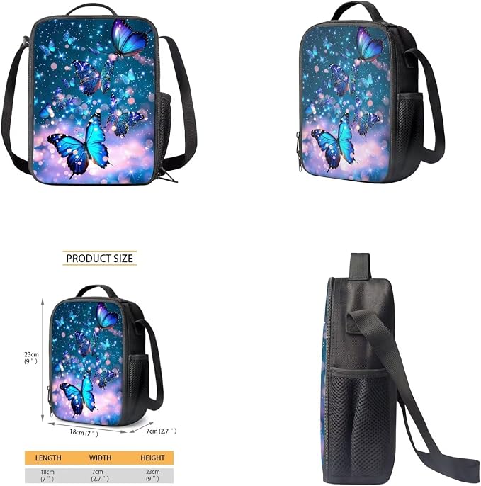 Butterfly Backpack for Girls Kids Backpack with Lunch Box Water Bottle Carrier with Strap and Aesthetic Pencil Case 4PCS Set Bookbag with Front Pocket for School Teens 17 inch Large School Bag - Image 4