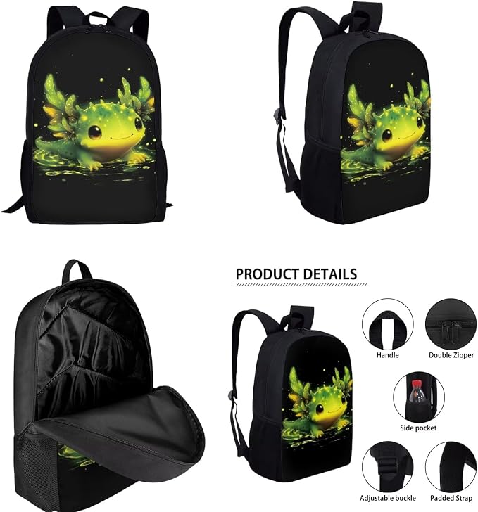 Green Axolotl Backpack with Lunchbox for Girls 4-6/6-8/8-10 Kids Bookbag and Lunch Box Set 4 in 1 Elementary Back Pack 17in Little Kids Book Bags Lunch Bag Pencil Case Water Bottle Holder - Image 2
