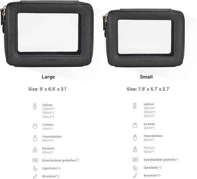 Aveniee Clear Makeup Bag Set (2-Piece Mini & Midi) - Travel Toiletry Organizer for Women, Waterproof Cosmetic Pouch & Car Accessory for Travel Size Toiletries, Black - Image 2