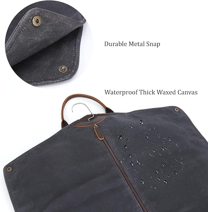 Polare 43” Waxed Canvas Full Grain Leather Trim Garment Bag for Travel, Large Carry on Business Suitcase Cover with YKK Zipper, Waterproof Hanging Suit Garment Cover with Handles,1 pack - Image 7