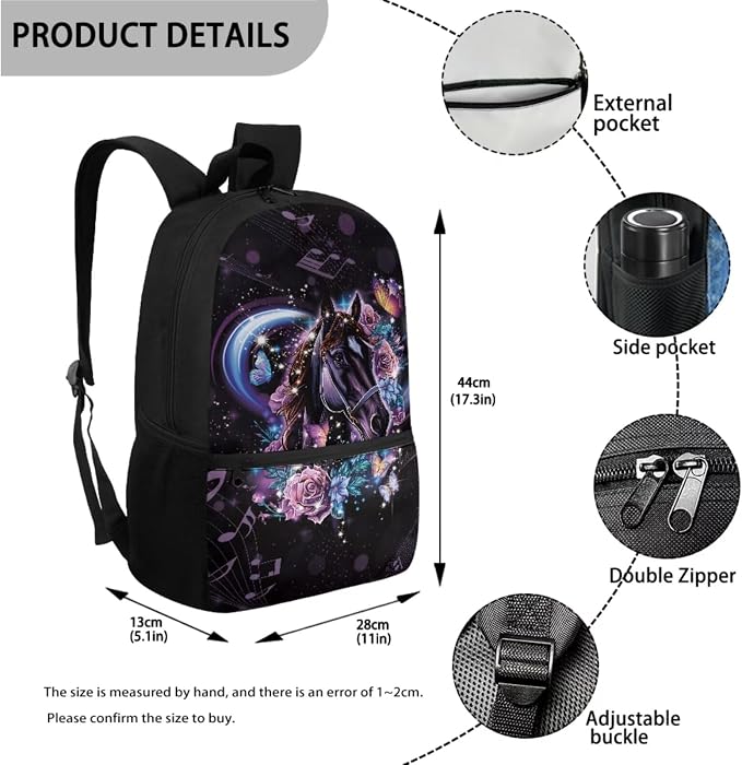 Backpack Set with Zipper Schoolbag Vintage Rose Horse Musical Note Print Large Capacity Bookbag Lunch Box Pencil Case 17 Inch Travel Laptop Backpacks Rucksack Daypack - Image 2