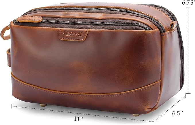Polare Full Grain Leather Toiletry Bag for Men Large Travel Cosmetic Case Dopp Kit Shaving Kit Wash Pouch with YKK Zippers (Brown) - Image 7
