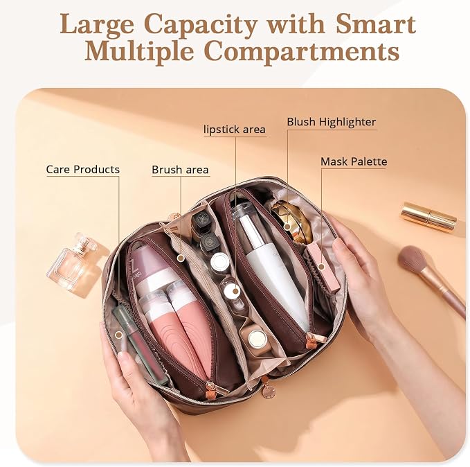 Travel Makeup Bag for Women: 3-in-1 Large Capacity Cosmetics Organizer with 2 Detachable Pouch - Vegan Leather Flat Open Toiletry Bag - Travel Essentials for Full-Sized Bottles(Coffee) - Image 3