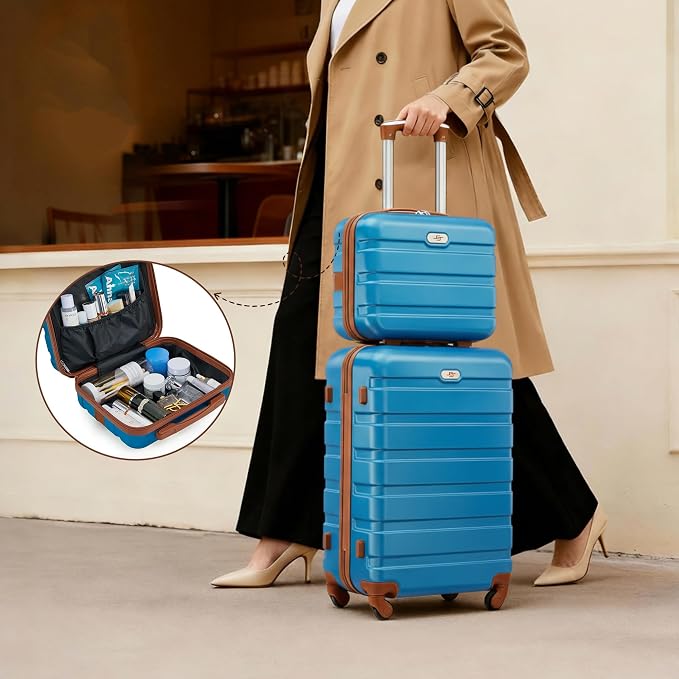 Suitour Luggage Sets 6 Piece, 20-inch Carry-on and 24 inch28 inch Checked Suitcase Set with Cosmetic Case and Expandable Travel Duffle Bags Set(Blue Brown) - Image 2