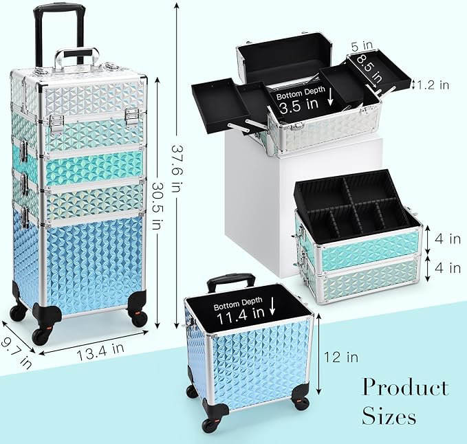 Professional Rolling Makeup Train Case 4 in 1 Aluminum Trolley Case with 360° Rotation Wheels for Makuep Artist Cosmetic Suitcase Organizer with Lock and Key Diamond Pattern - Turquoise - Image 6