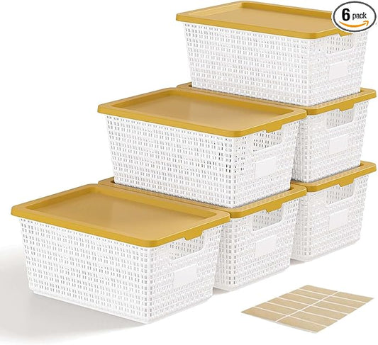 EOENVIVS Storage Bins Bakets with Lids 6 Pack, Stackable Organizer Bins for Small Spaces, Pantry, Closet & Bathroom, Secure Snap Lids, 11x7x5 Plastic Storage Containers for Shelf Organization, White by EasyCozyHomey