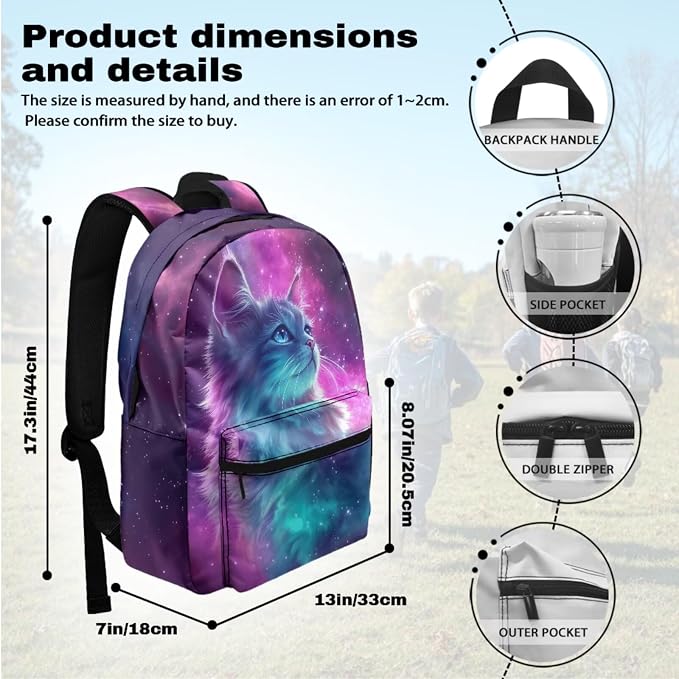 Galaxy Cat Girls Backpacks Ages 8-10 6-8, Large School Bag with Lunch Box Pencil Case Water Bottle Sleeve 4 in1 Set, Kids Bookbag for Elementary Middle Travel Outdoor Daypack, Purple - Image 3