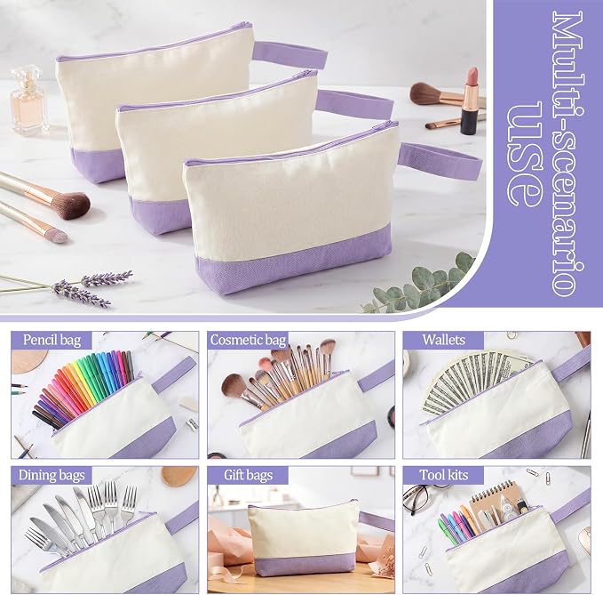 Silkfly 15 Pcs Cotton Canvas Makeup Bags Cosmetic Zipper Bags 10.2 x 5.5 x 2'' Blank DIY Pouch Bulk Pencil Case with Bottom Travel Toiletry Pouch for Women Craft Decor Gift (Beige and Light Purple) - Image 4
