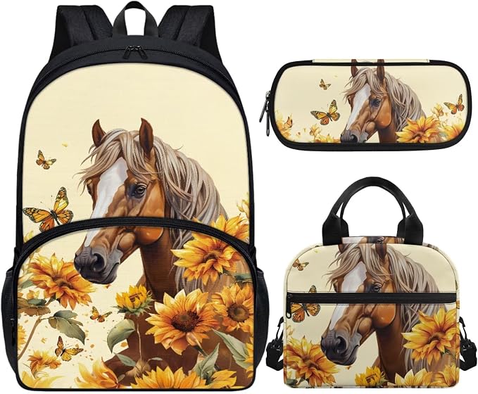 Kids Backpack for School Horse Backpack for Girls | 17 inch Laptop Schoolbag for Girls Boys Kids Backpack with Lunch Box Pencil Bag Set 3Pcs by Vanideaoty
