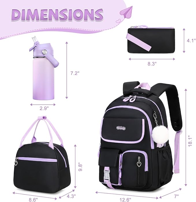 DIGOBAY Backpacks for Girls, 6PCS School Backpack with 14OZ Water Bottle Lunch Box Pencil Pouch for Teen Girls Kids Elementary Primary Middle High College Travel School bag Bookbag Set - Image 2