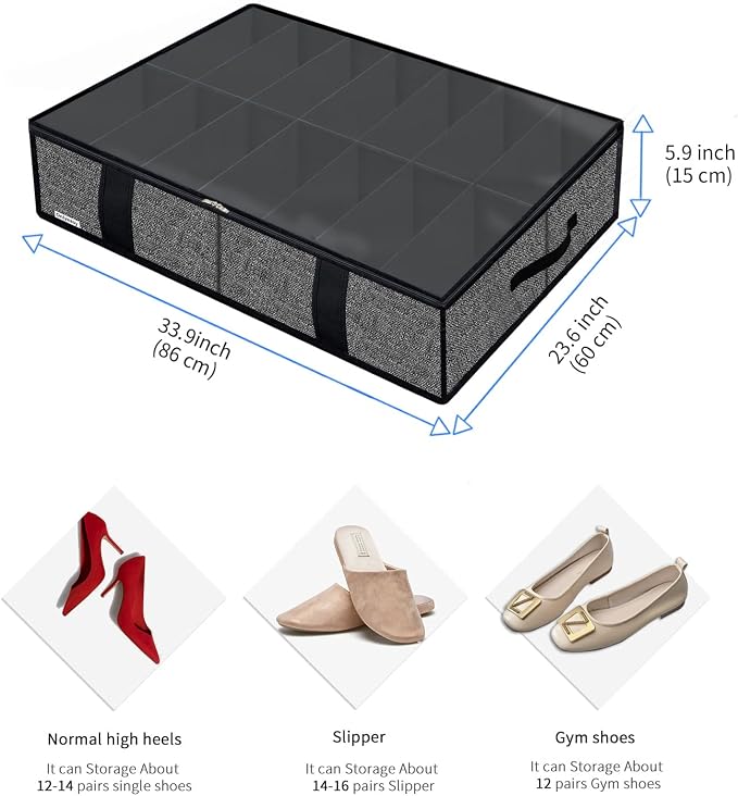 Onlyeasy 2 Pack Under Bed Shoe Storage Organizers with Handles & Clear window (Fit 14 +14 Pairs), Sturdy Underbed Box Organizer Shoe Storage Bags for Kids & Adults, Linen-like Black, MXAUBS14S14 - Image 2