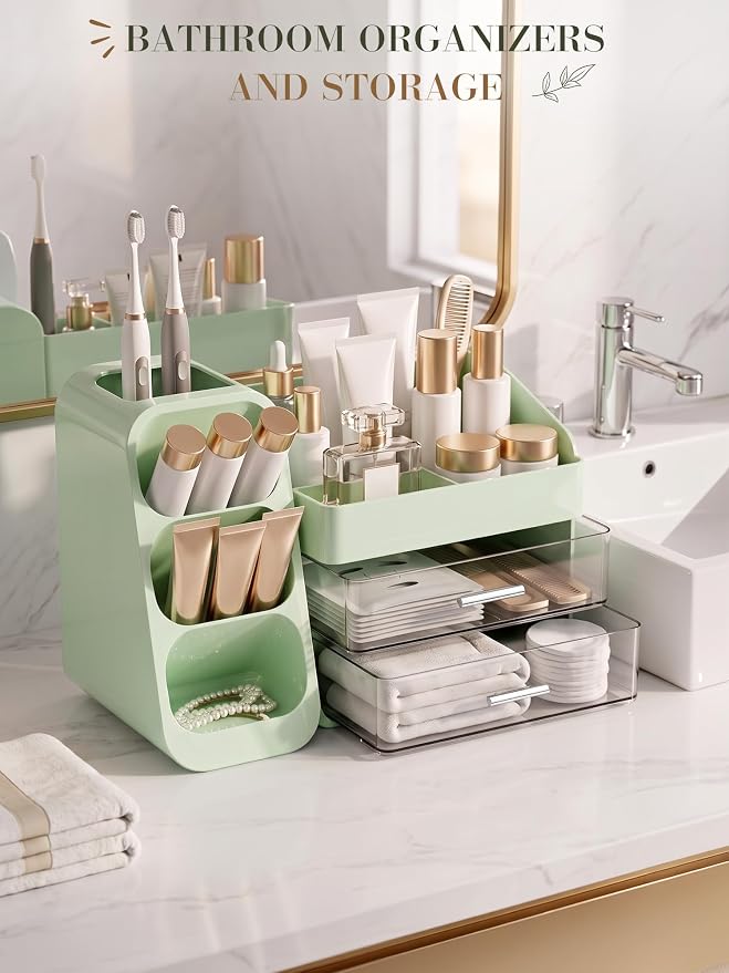 Makeup Organizer with Drawers,Large Capacity Countertop Organizer for Vanity,Bathroom and Bedroom Desk Cosmetics Organizer,Easy To Storage Skincare,Brushes,Lotions (Green) - Image 5