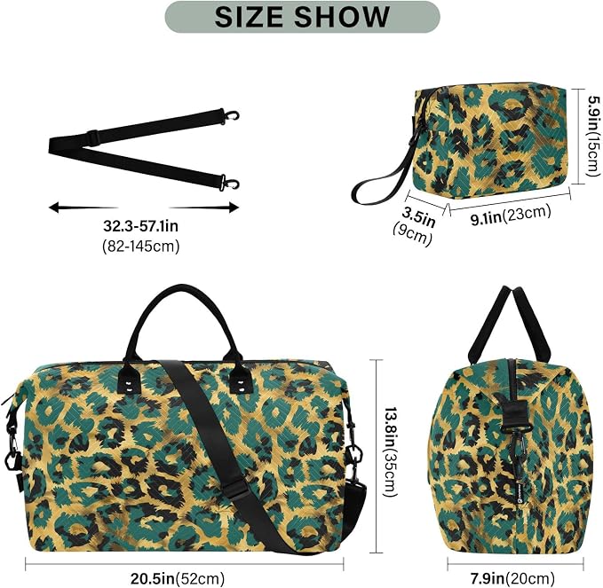 Weekender Bags Travel Duffel Gym Bag Leopard Green Skin Animal Carry on Overnight Tote Bag with Toiletry Bag for Airplane Travel Trip Gym Yoga - Image 3