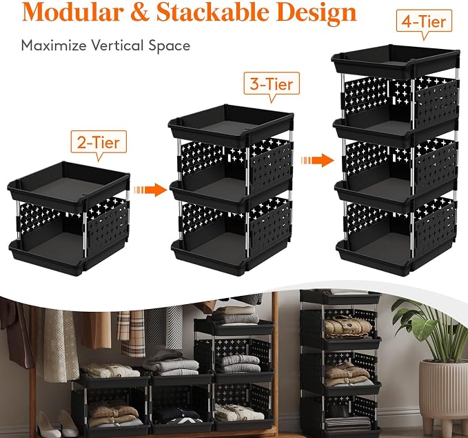 Lifewit Plastic Stackable Storage Baskets, 4 Tier Stacking Bins for Food and Clothes, Multifunctional Organizer for RV, Kitchen, Playroom, Pantry, Black, 35 x 30 x 72 cm/14 x 12 x 28 inch, 1 Pack - Image 5