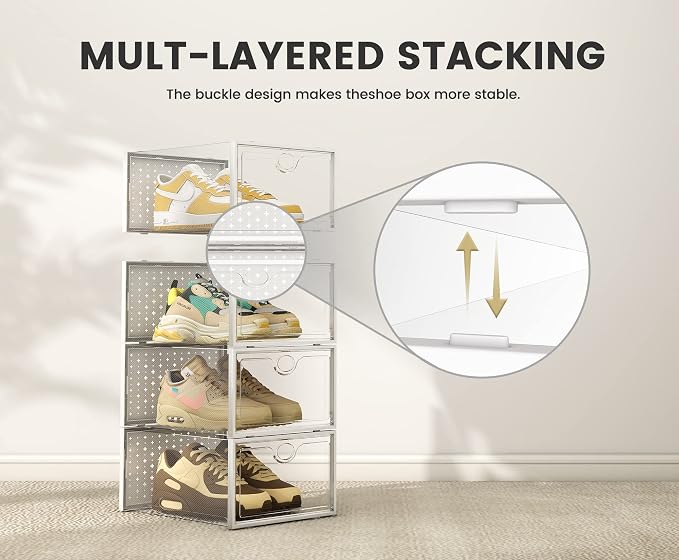 Pinkpum XXL Larger Shoe Storage Boxes Fit Size 14, Clear Plastic Stackable Shoe Organizer 12 Pack Sneaker Storage for Sneakerheads Shoe Containers, 6.8“ Height for High Shoes - Image 3