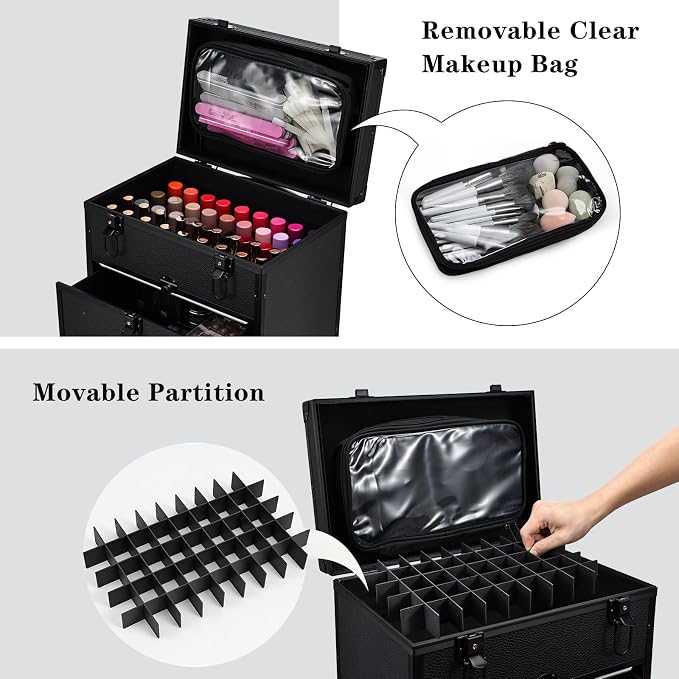 Faquenc Rolling Makeup Train Case with 2 Extra Large Drawers Nail Organizer Case with Wheels Traveling Cosmetology Case with Makeup Pouch for Mobile Stylist Artists Nail Salon Cart Trunk Black - Image 2