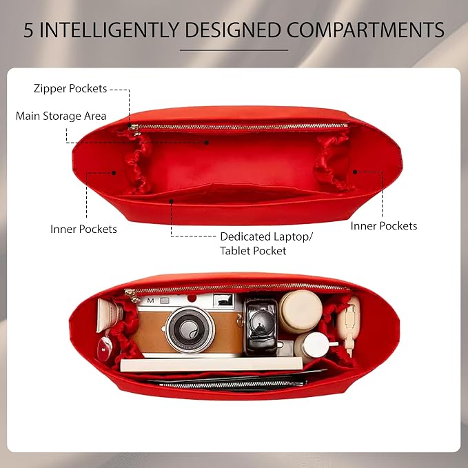 Doxo Purse Organizer Insert for LV Neverfull MM, Premium Nylon Bag Organizer with YKK Zipper & Bottle Holder, Multi Compartments Lightweight Waterproof Handbag Interior Divider, Red - Image 3