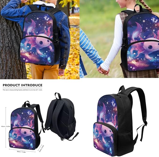 Galaxy Axolotl Backpack 4 Pcs Toddler Kids Boy Girl Axolotl School Bag Set with Lunch Box Water Bottle Bag Pencil Case Casual Travel Ruckpack Back to School Supplies - Image 3