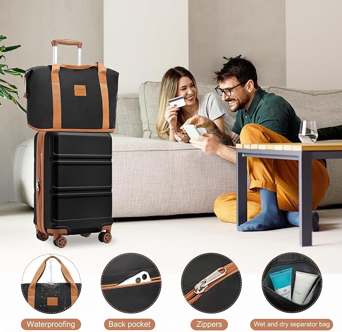 Kono Luggage Set 4 Piece Carry On Hardside Luggage with Spinner Wheels | Lightweight PC+ABS Carry On Suitcase with TSA Lock Apricot Black - Image 5