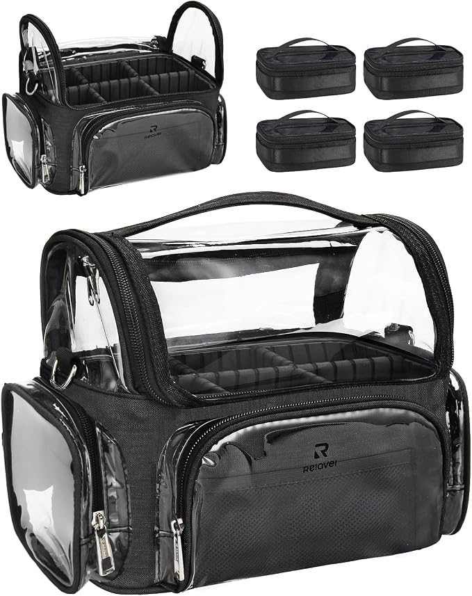 NAONAYA Makeup Brush Bag With 4 Mini Pouches, Makeup Brush Holder Professional Makeup Artist Travel Case Clear Waterproof Cosmetic Organizer Bag, with Adjustable Strap and Dividers by NAONAYA