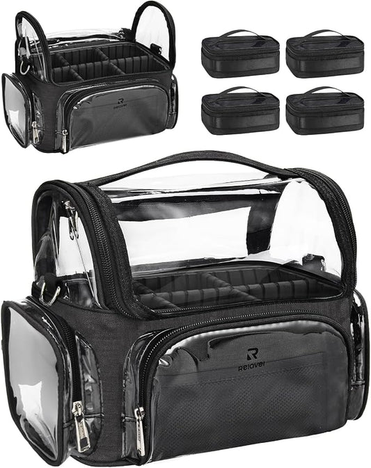 NAONAYA Makeup Brush Bag With 4 Mini Pouches, Makeup Brush Holder Professional Makeup Artist Travel Case Clear Waterproof Cosmetic Organizer Bag, with Adjustable Strap and Dividers by NAONAYA