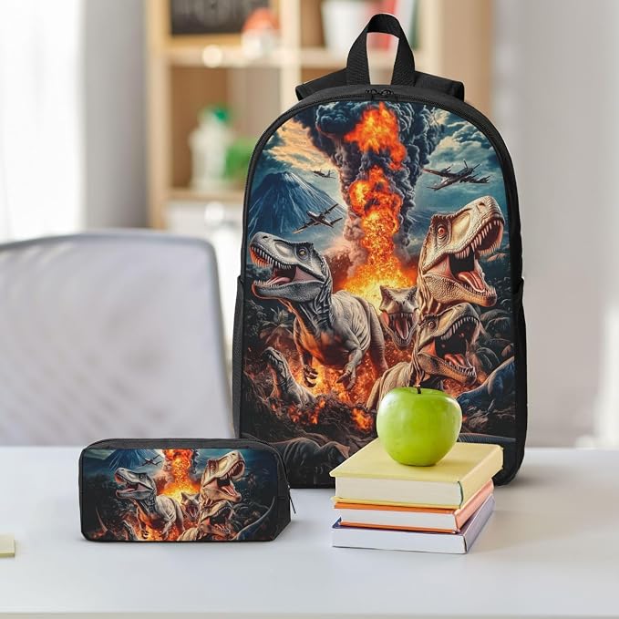 Dinosaur Kid Backpack Set with Lunch Bag & Pencil Case Large Capacity School Bag 17 Inch Bookbag for Boy Girl - Image 8