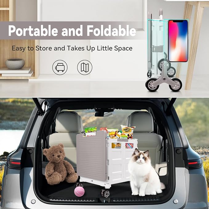 Foldable Utility Cart Portable Crate Rolling Dolly with Telescopic Handle,Can be Pulled diagonally, Magnetic Retractable Lid, 360°Swivel Climbing Wheels for Shopping Carrying Groceries Move White - Image 7
