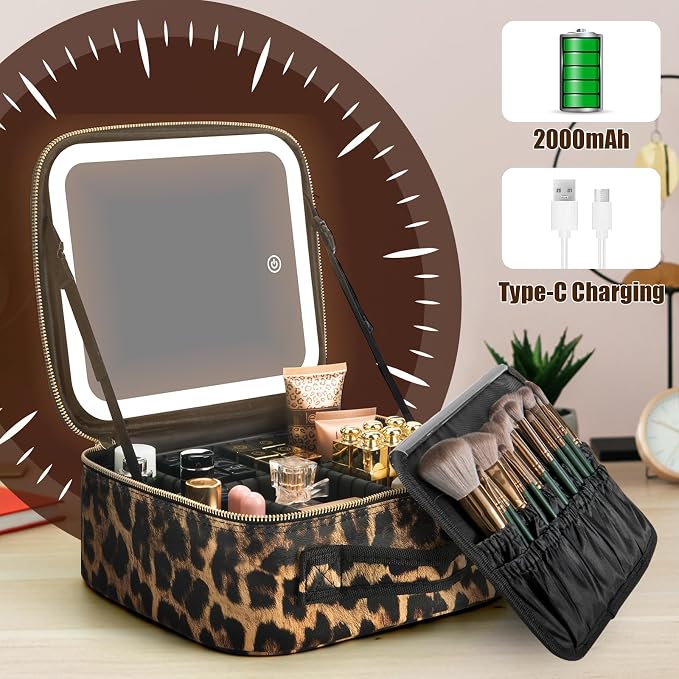 Makeup Travel Train Case with Mirror LED Light 3 Adjustable Brightness Cosmetic Bag Portable Storage Adjustable Partition Waterproof Makeup Brushes Makeup Jewelry Gift for Women (Leopard Print) - Image 3