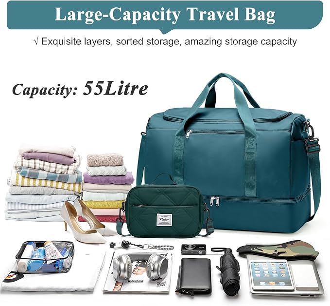 Extra Large Travel Duffle Bag,Carry on Overnight Bag with Shoes Compartment,Weekender Bags for Women for Travel Business Trips Sport Hospital,3 Pcs Set,Peacock Blue - Image 3