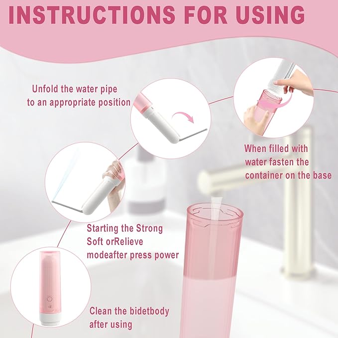 Rechargeable Electric Handheld Portable Bidet for Travel,Personal Hygiene Sprayer Bottle Buddy for Women & Men,Mobile Bidets for Toilet,High Pressure Foldable Compact USB-C Battery Powered (Pink)