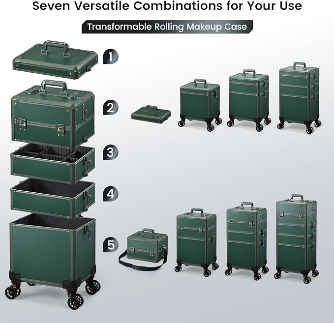 Rolling Makeup Case Makeup Train Case with Lid 5 in 1 Cosmetology Case on Wheels Cosmetic Trolley Organizer Large Makeup Organizers Case Profesional Cosmetic Case for Salon Barber Nail Beauty, Green - Image 2