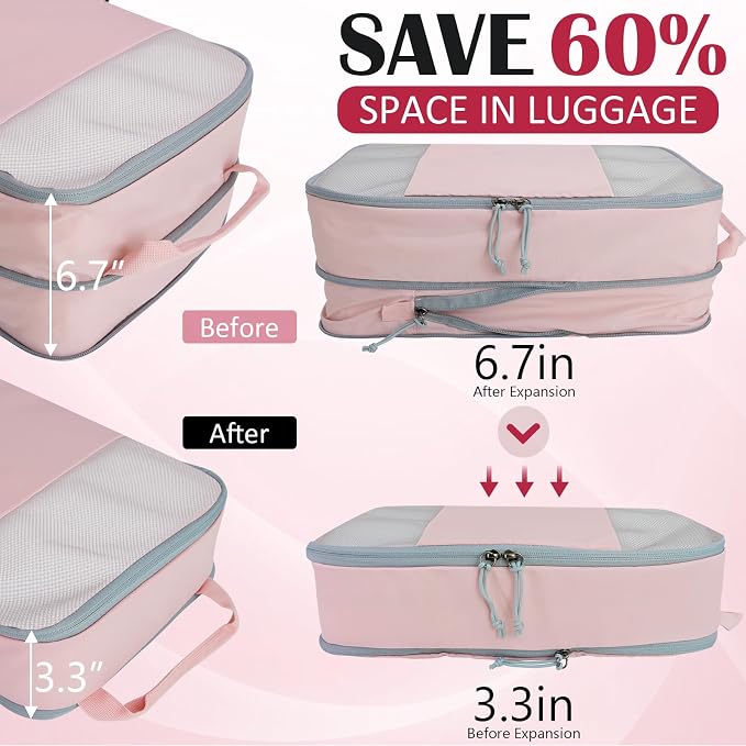Extra Large Compression Packing Cubes, 2 Set Compression bags for Travel Packing Organizer, Expandable Compression Cubes for Travel, Pink Mesh - Image 2