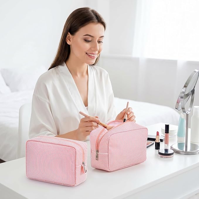 Sanwuta 6 Seersucker Cosmetic Bag Bulk Striped Makeup Bag for Women Aesthetic Cute Travel Toiletry Organizer Preppy Storage Pouch for Wedding Bridesmaid Mother's Day Teacher Gift (Large,Coral Pink) - Image 6