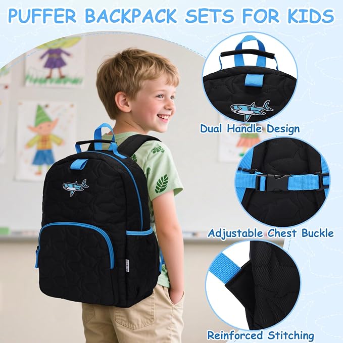 Chase Chic Toddler Backpack for Boys, Puffer Cute Lightweight Preschool Backpack with Lunch Box Set for Daycare Travel Kids Age 3-6,Black Shark - Image 6