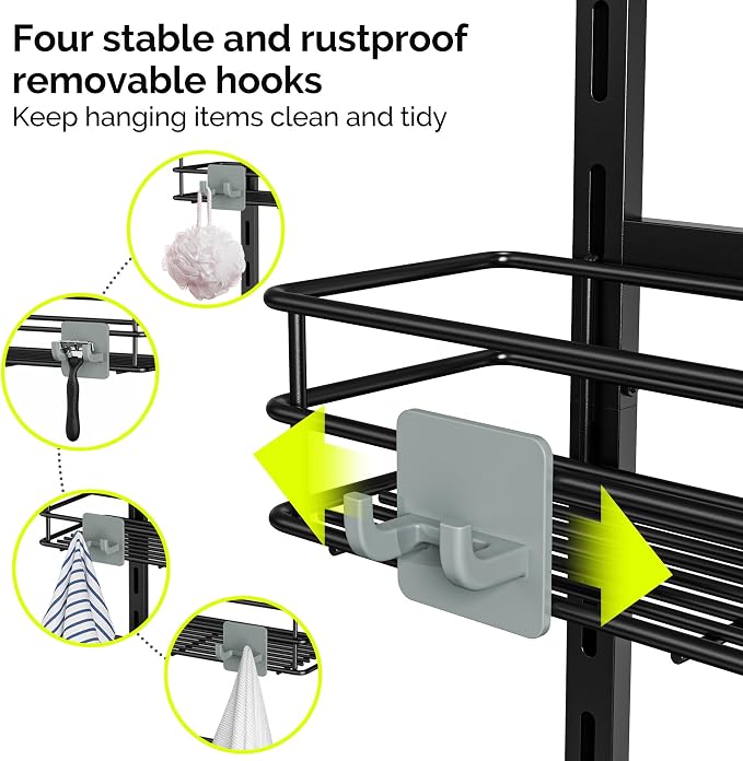 Orimade Over The Door Shower Caddy Adjustable 4 Tier Black,Bathroom Hanging Organizer Shelf Rustproof with 4 Hooks,Shower Basket with Soap Holder and Suction Cup - Image 8