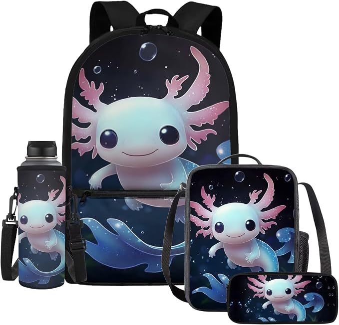 Axolotl Bookbag for Girls with Lunchbox Kids School Bag for Girls Ages 6-8 and Lunch Box Set Cute Backpack Elementary School Bookbag/Lunch Bag/Pencil Case/Water Bottle Holder for 3rd Grade by Dremagia