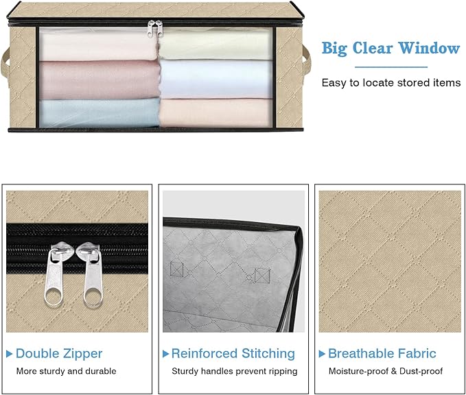 HomeHacks Storage 10-Pack Clothes Organizer Storage Bags Foldable Storage Box with Large Clear Window Sturdy Handles for Closet, Dorm, Pillows, Bedding, Clothes, Blankets, 35L, Beige - Image 4