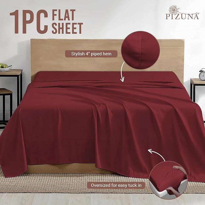 Pizuna Pure 100% Cotton Flat Sheets Only Twin XL Rio Red (1 PC), Luxurious 400 Thread Count Long Staple Cotton Sateen with 4" Hem (Combed Twin XL Flat Sheet Only Cotton) - Image 3