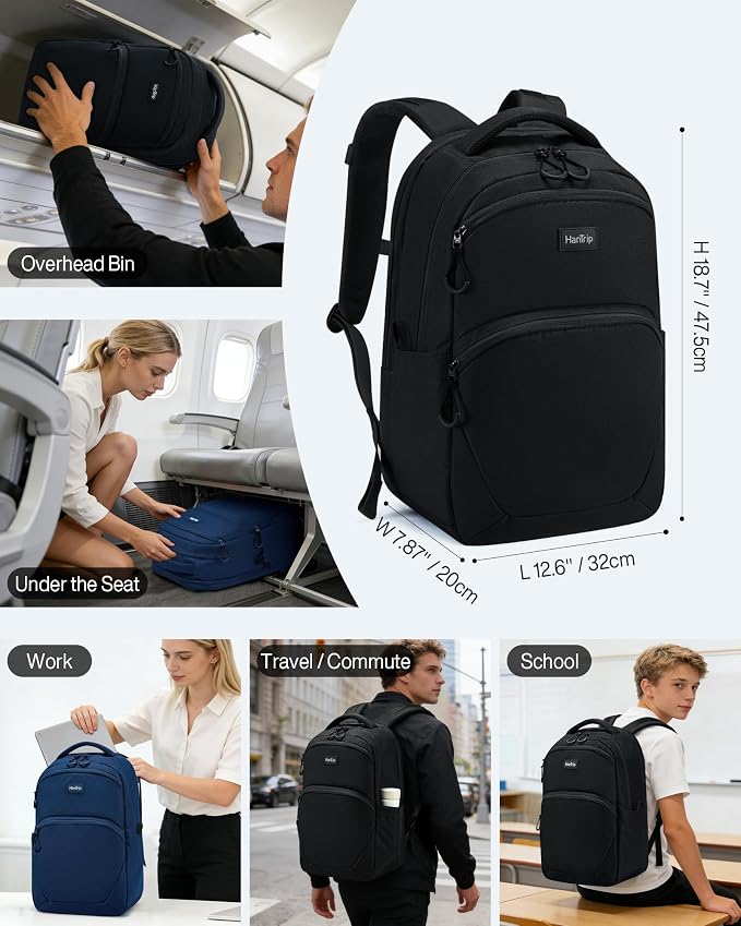 HanTrip Carry On Travel Backpack for Women Men, 30L Medium Work Backpack for Commuter College Water Resistant Bookbags, Black - Image 2