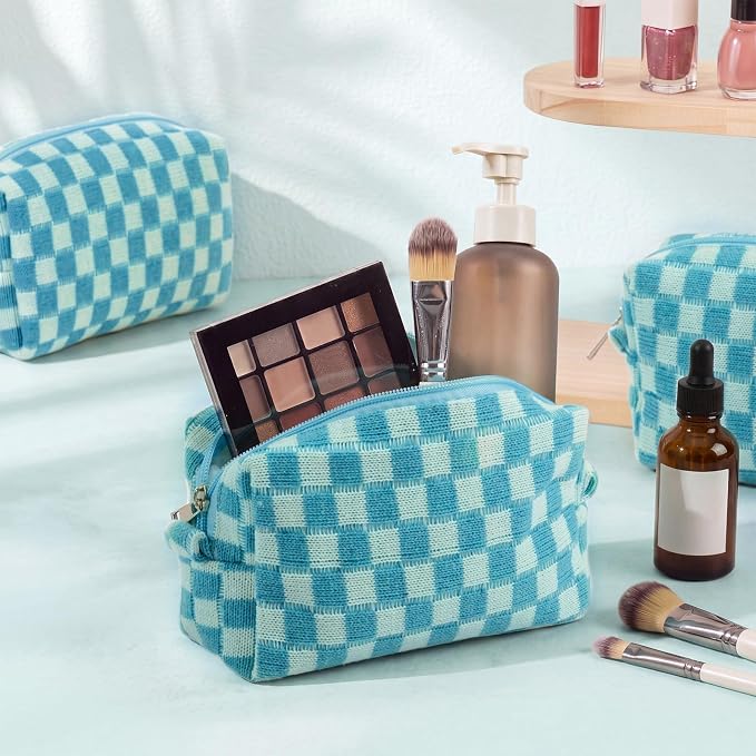 Gilprop 8 Pcs Checkered Makeup Bag for Purse Small Cosmetic Pouch Bulk Portable Zipper Makeup Pouch Travel Toiletry Organizer Gifts for Women Bridesmaid Wedding Party Favors (Lake Blue) - Image 3