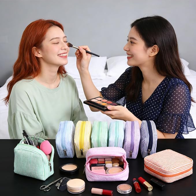 Giesiery 8 Pcs Seersucker Makeup Bags Striped Cosmetic Bags Bulk Organizer for Women Preppy Travel Toiletry Pouch for Wedding Bridesmaid Gifts (Macaron Color, Small) - Image 2