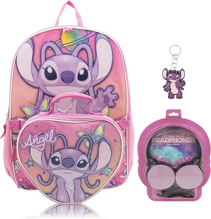 Disney Lilo and Stitch Angel Backpack Set for Girls | Angel Bookbag with Heart Lunch Bag, Headphones, and Dangle | Stitch School Backpack | Ages 3+ by FASTFORWARD