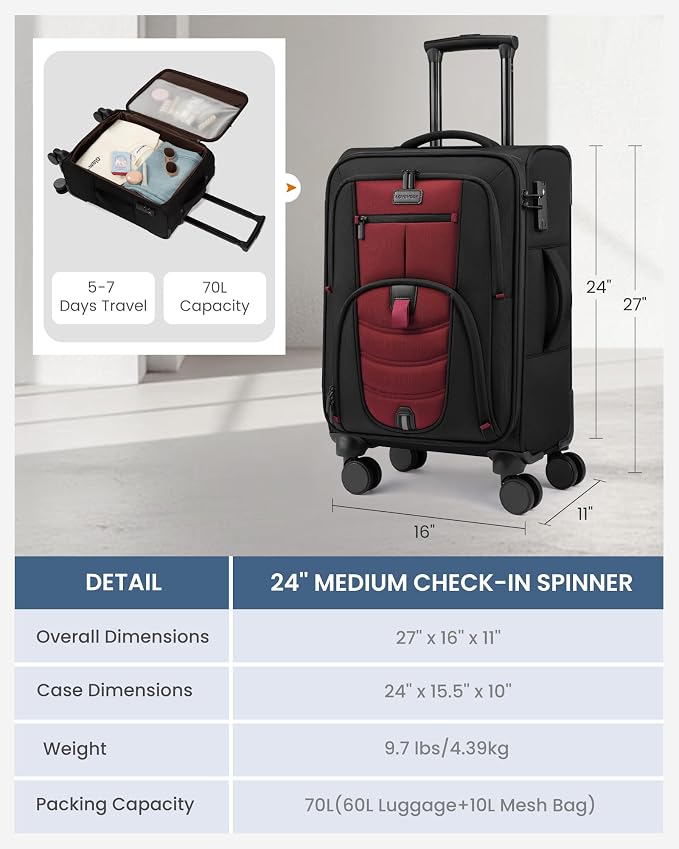 LOVEVOOK Business Softside Checked Luggage with 15.6/17.3 Inch Laptop Compartment, 24 Inch Checked Suitcase with Spinner Wheels, Large Capacity Luggage with TSA Lock for Business Trip Travel Red&Black - Image 3